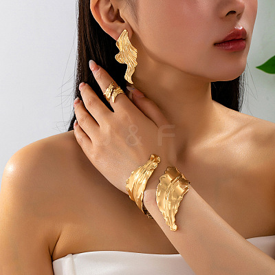 Leaf Iron Cuff Bangles & Rings & Stud Earrings Sets for Women WG5C6C1-01-1