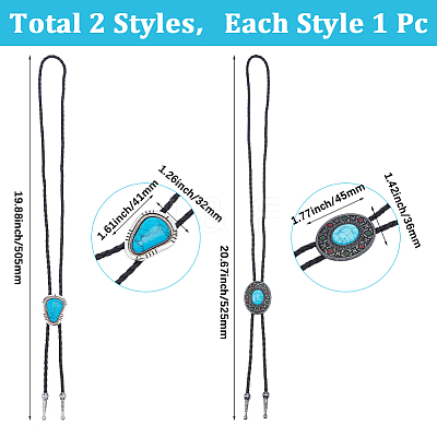 2Pcs 2 Styles Alloy & Synthetic Turquoise Oval Triangle Pendant Boho Tie Lariat Necklaces NJEW-GF0001-18-1