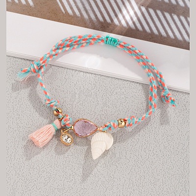 Bohemian Alloy Glass Teardrop and Natural Shell Charm Braided Cotton Cord Anklets for Women FS-WGB863D-01-1