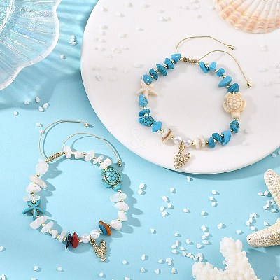2Pcs 2 Colors Ocean Alloy Shrimp Charm Turtle Starfish Beads Bracelets BJEW-JB14190-1