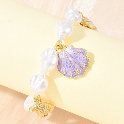 Ocean Brass Micro Pave Clear Cubic Zirconia and Enamel Plum Shell Shape Charm Bracelets for Women KK-CBA68DA-06G-1