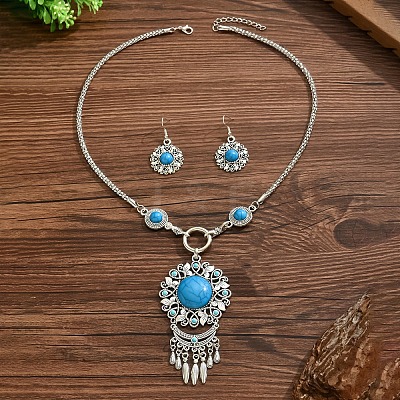 Flower Bohemian Ethnic Style Zinc Alloy & Resin Pendant Necklace & Dangle Earring Sets FS-WGD47C5-01-1