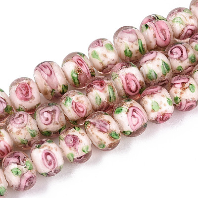 Handmade Lampwork Inner Flower Rondelle Beads Strands LAMP-T022-24J-1