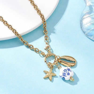 White and Blue Porcelain Flower & 304 Stainless Steel Starfish and Shell Shape Pendant Necklaces for Women NJEW-JN05648-1