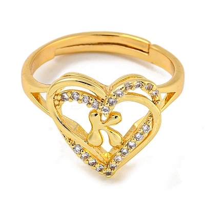 Heart with Letter Rack Plating Brass Micro Pave Clear Cubic Zirconia Adjustable Rings for Women RJEW-I105-01G-K-1