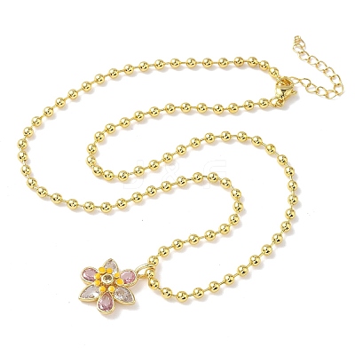 Brass Pave Pink and Clear Cubic Zirconia with Enamel Flower Pendant Ball Chain Necklaces NJEW-G183-04G-1