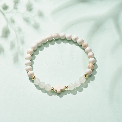 Synthetic Turquoise(Dyed) & Hematite & Natural White Jade Beaded Stretch Bracelet with Cross BJEW-JB08287-1
