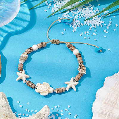 4Pcs 2 Colors Ocean Theme Starfish Turtle Synthetic Turquoise & Coconut Braided Bead Bracelet Sets BJEW-PA0001-03-1