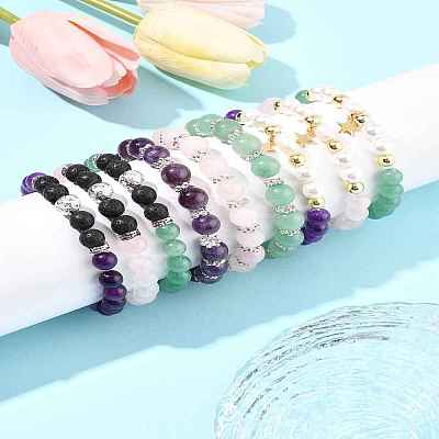 9Pcs 3 Colors Round Natural Gemstone Beads Stretch Bracelets BJEW-FS00017-1