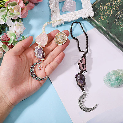 2Pcs 2 Styles Nuggets Natural Amethyst & Rose Quartz Hanging Suncatchers AJEW-GL0003-32-1