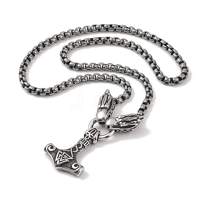 304 Stainless Steel Dragon Head King Box Chain Viking Mjolnir Thor Hammer Pendant Necklaces for Men NJEW-K278-15AS-1