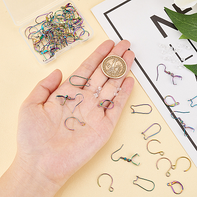 64Pcs 4 Style Rainbow Color 304 Stainless Steel Earring Hooks & Leverback & Hoop Earring Findings STAS-DC0010-34-1