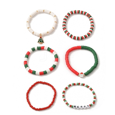 6Pcs Christmas Theme Polymer Clay Heishi Beads & Glass Seed Beaded Stretch Bracelets Set BJEW-TA00539-1