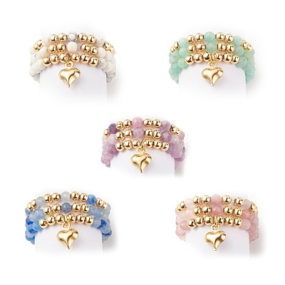 3Pcs 3 Style Natural Gemstone & Brass Beaded Finger Rings with 304 Stainless Steel Heart Charms for Women RJEW-JR00471-1