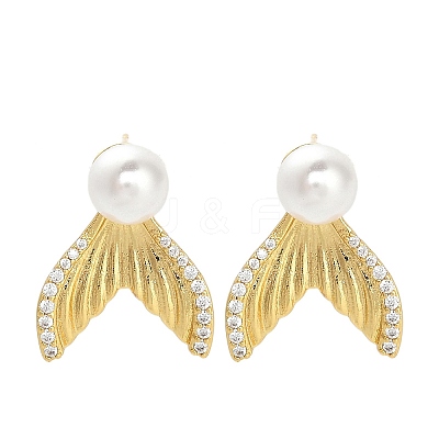 Fishtail Brass Micro Pave Clear Cubic Zirconia Stud Earring Findings KK-D102-06G-1