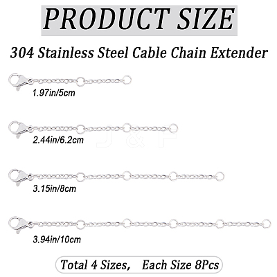 32Pcs 4 Style 304 Stainless Steel Cable Chain Extender STAS-CN0001-60-1