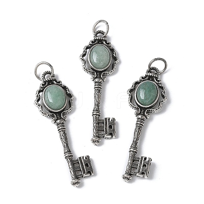 Key Brass Natural Green Aventurine Big Pendants KK-D361-01AS-14-1
