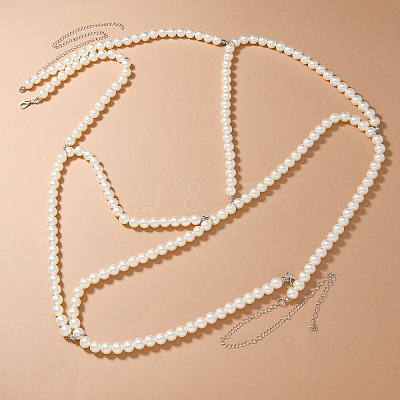 Plastic Imitation Pearl White Round Beaded Sexy Bikini Body Chains for Women WGCAB37-01-1