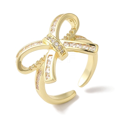 Bowknot Brass Micro Pave Clear Cubic Zirconia Open Cuff Rings for Women RJEW-C098-26G-1