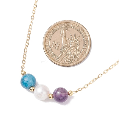 Natural Cultured Freshwater Pearl & Natural Amethyst & Apatite Round Beaded Pendant Brass Cable Chain Necklaces for Women NJEW-JN05686-1