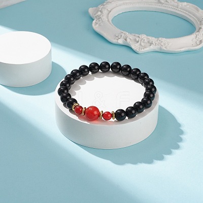 Natural Red Agate Carnelian(Dyed & Heated) & Black Onyx Round Beaded Stretch Bracelet BJEW-JB08642-1