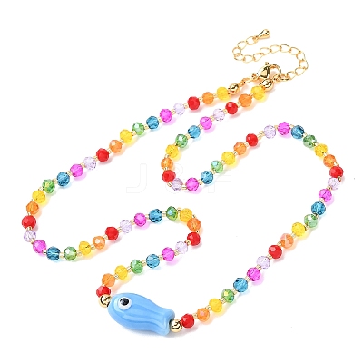 Porcelain Fish Pendant Rainbow Color Glass Beaded Necklaces for Friends and Couples KF3974-2-1