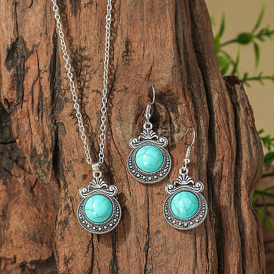 Bohemian Ethnic Style Zinc Alloy & Synthetic Turquoise Pendant Necklaces & Dangle Earrings Sets WG7E01E-04-1