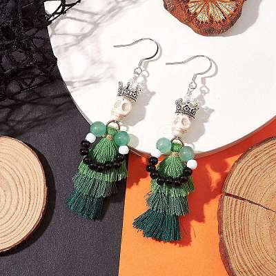 Dyed Synthetic Turquoise Tassel Pendants Earrings EJEW-TA00420-1