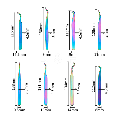 8Pcs 8 Styles 430 Stainless Steel Eyelash Tweezers Clips TOOL-FH0001-57-1