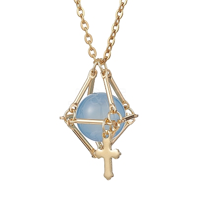 Brass Macrame Pouch Dyed Natural Blue Agate Inside & 304 Stainless Steel Pendant Necklaces for Women NJEW-JN05607-01-1