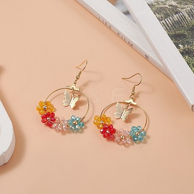 Glass Beaded Flower & Brass Butterfly Dangle Earrings EJEW-JE05218-02-1