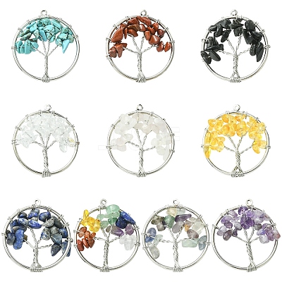 10Pcs 10 Styles Chakra Natural Mixed Stone Tree fo Life Pendants G-YW0002-31-1