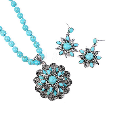 Flower Synthetic Turquoise with Alloy Pendant Necklaces & Stud Dangle Earrings Sets WG550B3-01-1