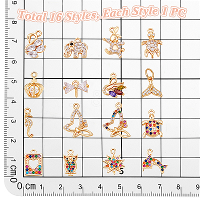 16Pcs 16 Styles Brass Micro Pave Cubic Zirconia Pendants KK-PH0013-35-1