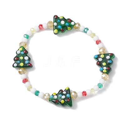 Round & Christmas Tree Glass Beaded Stretch Bracelets for Women BJEW-TA00503-1