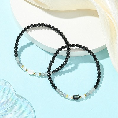 2Pcs Natural Selenite & Labradorite & Black Tourmaline & Shell Beaded Stretch Bracelets BJEW-JB13830-1