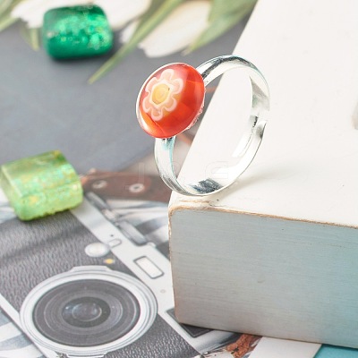 Flower Flat Round Millefiori Glass Adjustable Ring RJEW-JR00407-1