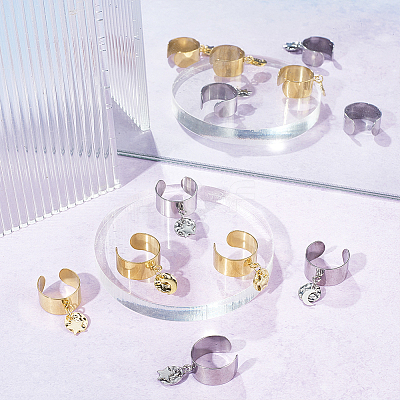 8Pcs 4 Style 304 Stainless Steel Open Cuff Rings Set with Charms RJEW-AB00009-1