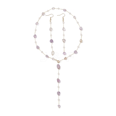 Handmade Natural Amethyst Beaded Chains Earring & Necklaces Sets SJEW-JS01342-02-1