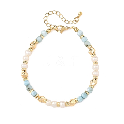 Natural Larimar Faceted Cube and Pearl Beaded Bracelets with Brass Beads for Women BJEW-JB14475-01-1