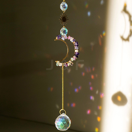 Natural Fluorite Chip Moon Pendant Hanging Ornaments G-PW0007-092G-1