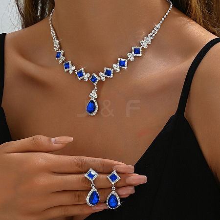 Teardrop & Rhombus Brass Rhinestone Pendant Necklaces & Stud Dangle Earrings Sets FS-WG09414-01-1