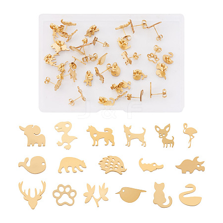 Crafans 16 Pairs 16 Style Crocodiles & Dog & Swan & Hedgehog & Dinosaur & Bird 304 Stainless Steel Stud Earrings EJEW-CF0001-02G-1