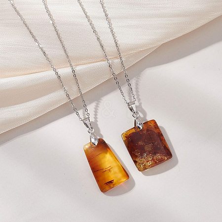 Natural Amber Rectangle Pendant 304 Stainless Steel Satellite Chain Necklaces NJEW-JN05981-01-1