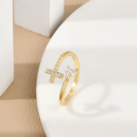 Rack Plating Cross & Heart Brass Micro Pave Cubic Zirconia Cuff Rings for Women RJEW-M028-63G-1