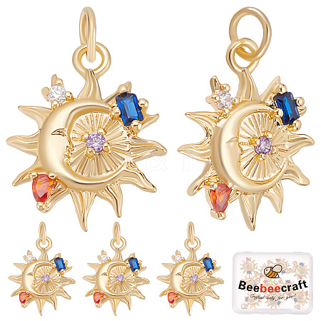 Beebeecraft 10Pcs Sun with Moon Brass Micro Pave Colorful Cubic Zirconia Pendants KK-BBC0004-16-1