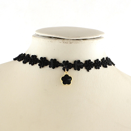 Gothic Style Vintage Lace Choker Necklaces with Flower Glass Pendants NJEW-R227-44-1