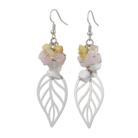 Leaf 201 Stainless Steel Natural Rose Quartz & Natural Howlite & Natural White Moonstone & Natural Yellow Opal Chip Dangle Earrings EJEW-JE06138-01-1