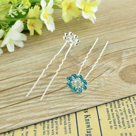Lady's Hair Accessories Silver Color Plated Iron Rhinestone Flower Hair Forks PHAR-S194-06-1