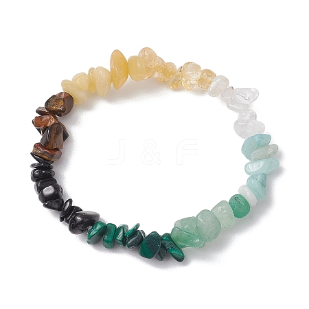 Chakra Natural Green Aventurine & Citrine & Tiger Eye & Obsidian & Quartz Crystal & Flower Amazonite & Topaz Jade Chip Beaded Stretch Bracelets BJEW-JB10777-03-1